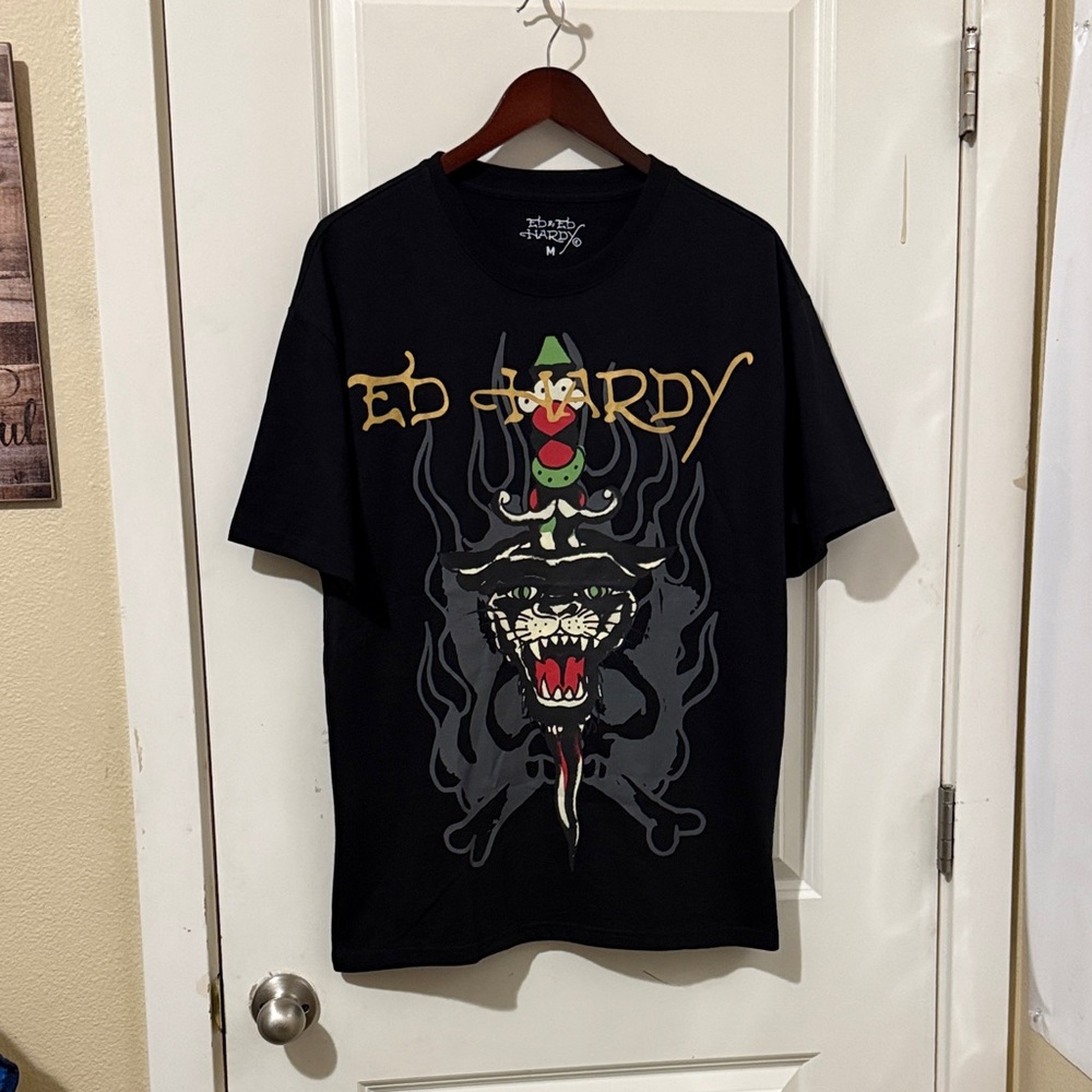 ED HARDY Tattoo Fire Panther Black T-Shirt Men’s